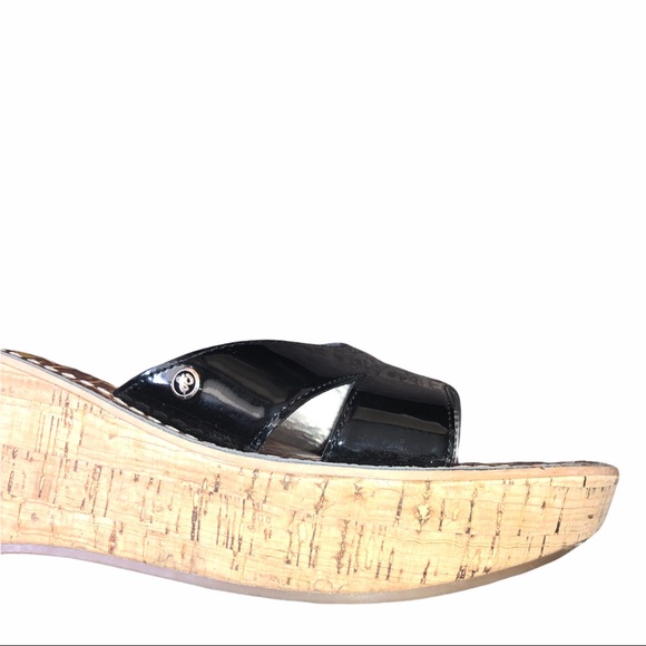 Sam Edelman Reid Black Patent Wedge Cork Sandals - Picture 6 of 11